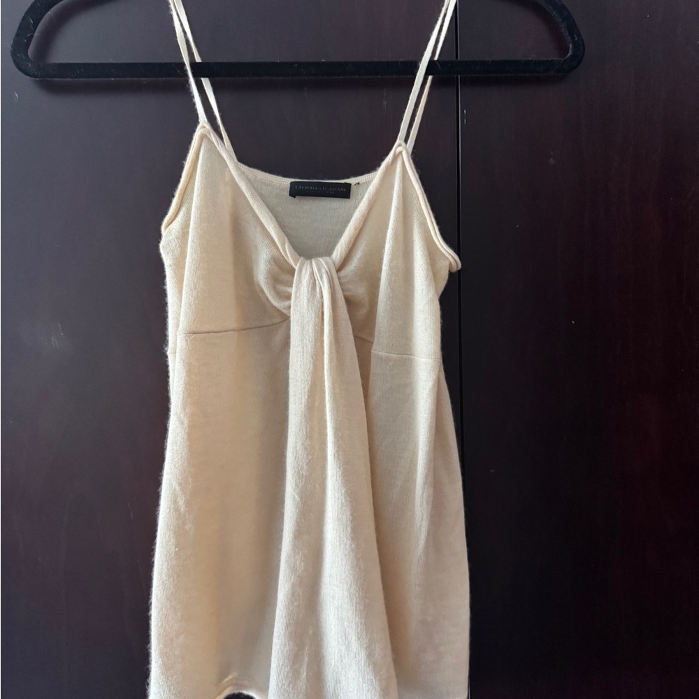 Donna Karan Cashmere Collection Vintage Cream Tie-Front Spaghetti Strap Tank